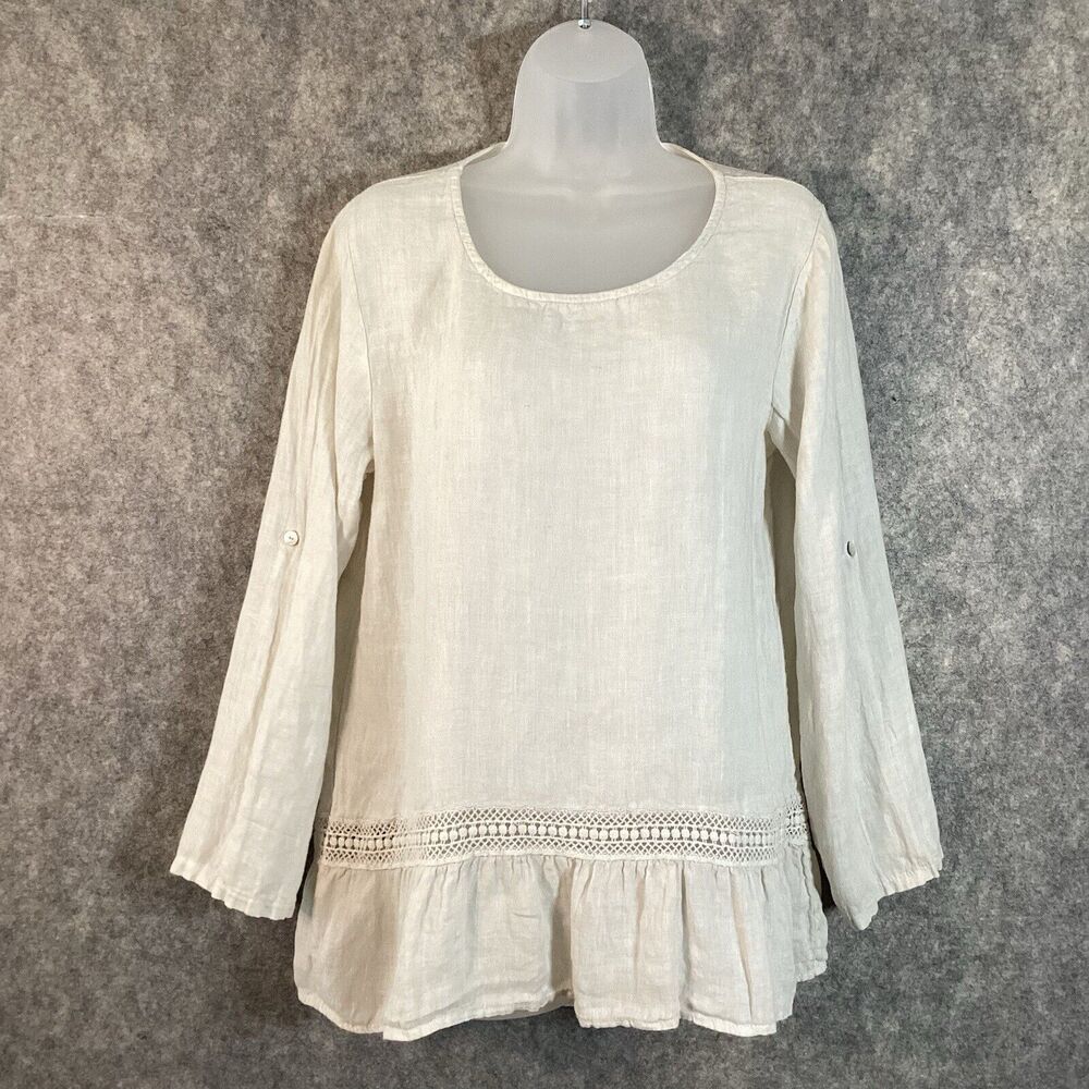 Terzo 100% Linen Roll Tab Sleeve Made In Italy Cotton Top Size M